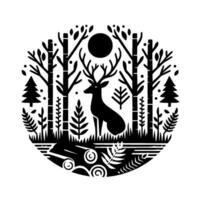 Silhouette of a majestic stag in a minimalist forest scene, moonlit night, framed by a circular composition. vector