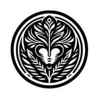 Elegant Black and White Circular A stylized face with leafy hair and facial features, encompassed by a round frame, evoking a natural and mystical atmosphere. vector