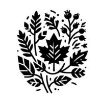 A symmetrical, minimalist black and white illustration depicting a collection of stylized leaves, berries, and branches arranged in a circular composition. vector