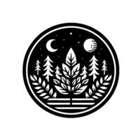 Black and white circular emblem featuring a stylized tree with leaves, pines, crescent moon, sun, and a starry night sky. vector