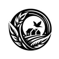 Black and white circular with stylized farmhouses, flying bird, wheat stalks, and layered fields symbolizing rural tranquility and nature. vector