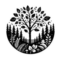 Black and White Nature Illustration Circular of a tree, forest, and whimsical elements like mushrooms and a crescent moon. vector