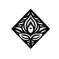 Stylized black and white illustration of a florallike pattern within a diamond shape, symmetrical and minimalist. vector