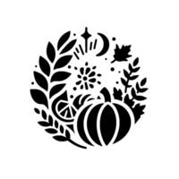 A circular black and white autumn illustration featuring a pumpkin, leaves, a moon, and other natural elements, creating a fall harvest . vector