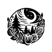 Black and white stylized illustration of a forest scene with a moon, stars, pumpkins, and foliage, within a circular frame. vector