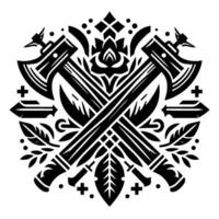 Stylized Black and White Crest Featuring Crossed Axes, Swords, a Rose, and Arrows. vector