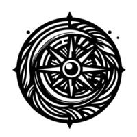 Stylized Black and White Compass Rose with Geometric, Wavelike Elements Centered on White Background. vector