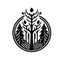 Minimalist Black and White Forest Badge Central Tree with Foliage, Pines, and a Circle Frame. vector