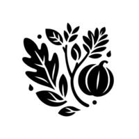 Illustration of Black Leaves, Branches, and Pumpkin Arranged in a Circular Compostition on White Background. vector