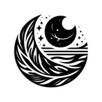 Black and white circular featuring a crescent moon, stylized feather element, stars, ocean, and geometric horizon, minimalist aesthetic. vector