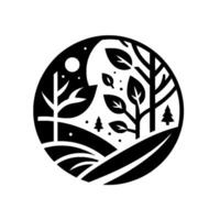 Circular minimalist monochrome landscape trees, hills, moon, and stars, creating a serene night scene. vector