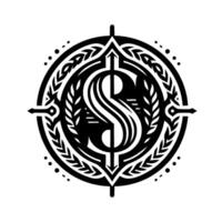 Ornate Dollar Sign Crest A symmetrical black and white featuring a stylized dollar symbol within a circular frame adorned with ornamental elements. vector