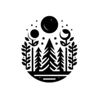 Mystical Forest Night Monochromatic, Minimalist Emblem Depicting Crescent Moon, Stars, Pine Trees, and Foliage in a Circular Arrangement vector