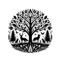 Intricate black and white illustration a circular depiction of a stylized tree with wildlife deer, foxes, birds, and plants in a harmonious nature scene. vector
