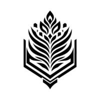 Abstract black and white stylized floral emblem with geometric shield base, symmetrical composition on white background, decorative . vector
