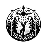 Monochrome Deer Silhouette in a Forest Circle A Stylized Nature Emblem with Arrows, Sun, and Trees, Representing Wilderness and Adventure. vector