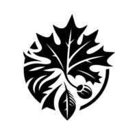Black and white stylized botanical featuring a large leaf, smaller leaves, and a fruit, set within a circular frame, on white background. vector