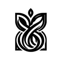 Abstract, symmetric black and white plantlike , consisting of intersecting curves and leafshaped elements against a white backdrop. vector