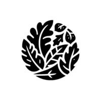 A minimalist black and white illustration featuring an artful arrangement of various stylized leaves enclosed within a circular form, evoking natural elegance. vector