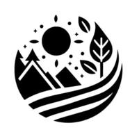 Minimalist Circular Black and White Nature with Mountains, Sun, Leaves, and Fields. vector