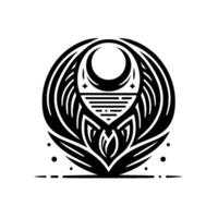 Circular Monochrome Moon Crescent, Starry Sky, and Floral Motif Within a stylized Organic Frame vector