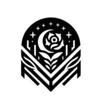 Geometric Black and White Featuring a Crescent Moon, Rose, Stars, and Abstract Botanical Elements within an Ornamental Frame. vector