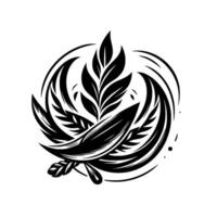 A Bold, Black and White Illustration Featuring a Stylized Leaf Arrangement within a Circular Swirl, Evoking Elegance and Organic Forms. vector