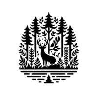 Stylized black and white forest illustration of a deer standing amongst trees and foliage within a circular frame. vector