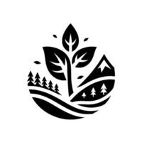 Black and White Circular Eco Featuring a Central Leaf, Trees, Mountains, and Rolling Hills, Emphasizing Natures Harmony. vector