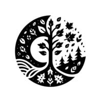 Yin Yang Tree of Life A stylized, black and white emblem depicting the balance of nature within a circular frame, featuring forests, foliage, flowers, and a serene landscape. vector