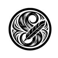 Black and White Circular Emblem with Intricate Swirls and a Detailed Feather, Symbolic and Decorative. vector