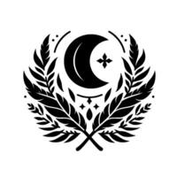 Crescent moon and star emblem within a laurel wreath of stylized leaves, rendered in stark black on white. vector