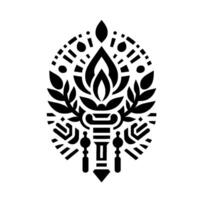 Symmetrical Black White Emblem Central Flame with Foliage, Geometric Surround, and Ornamental Elements on White Background. vector