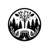 Stylized black and white forest scene in a circle, featuring a tree stump, budding tree with a crescent moon, and surrounding evergreen trees with a minimalist . vector