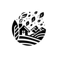 Stylized monochrome natureinspired featuring a house with smoke, mountains, falling leaves and fields within a rounded leaf. vector