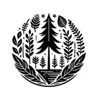 Stylized black and white circular composition of forest elements central fir tree, diverse foliage, geometric base, and decorative accents. vector