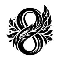 Intricate Black and White Floral Infinity Symbol with Feathered Elements, Isolated on White Background, Ornamental. vector
