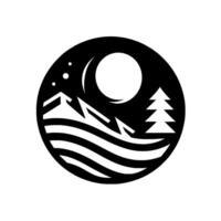 Black and white circular featuring a mountain range, moon, stars, and stylized evergreen tree, evoking a sense of night and nature. vector