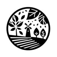 Circular Silhouette Windmill and Nature Scene with Trees, Leaves, Field, and Organic , Featuring Simple Black and White Contrast. vector