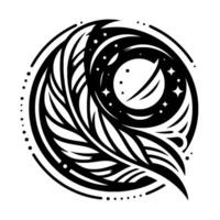 Black and White Celestial Feather with Planet and Stars in a Circular, Minimalist vector