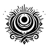 Circular Black and White Geometric Illustration with concentric shapes and radiant elements, resembling a tribal or spiritual emblem on a clean white background. vector