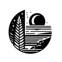 Abstract Black White Landscape Crescent Moon Over Sea, Pine Tree, and Starry Night Within a Circular Frame. vector