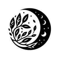 A minimalist, monochromatic emblem depicting a crescent moon embraced by a vibrant botanical branch, adorned with stars. vector