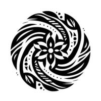 Intricate Black and White Circular with a Central Flower Motif and TribalInspired Geometric Patterns on a White Background. vector