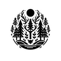 forest illustration in a circle with stylized trees, a fox, and a moon, showcasing a minimalist, style. vector