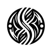 Intricate black and white symmetrical in a circular frame, featuring flowing lines and abstract organic patterns, with two white circles. vector