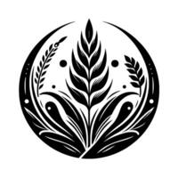 Stylized Black and White Emblem Wheat, Barley, and Leaves in a Circular Composition, with Dotted Rounded Details. vector