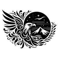 Intricate black and white An American bald eagle, stylized with detailed decorative elements, within a starry night landscape. vector