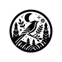 Serene Black White Emblem Bird Perched on Branch Under Crescent Moon Within Forest Circle with Floral and Geometric Elements. vector