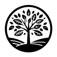 Black and white stylized tree illustration inside a circular frame, symbolizing growth, nature, and environmental harmony. vector